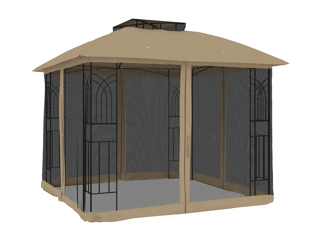 Tonnelle avec double toit et parois en filet taupe acier