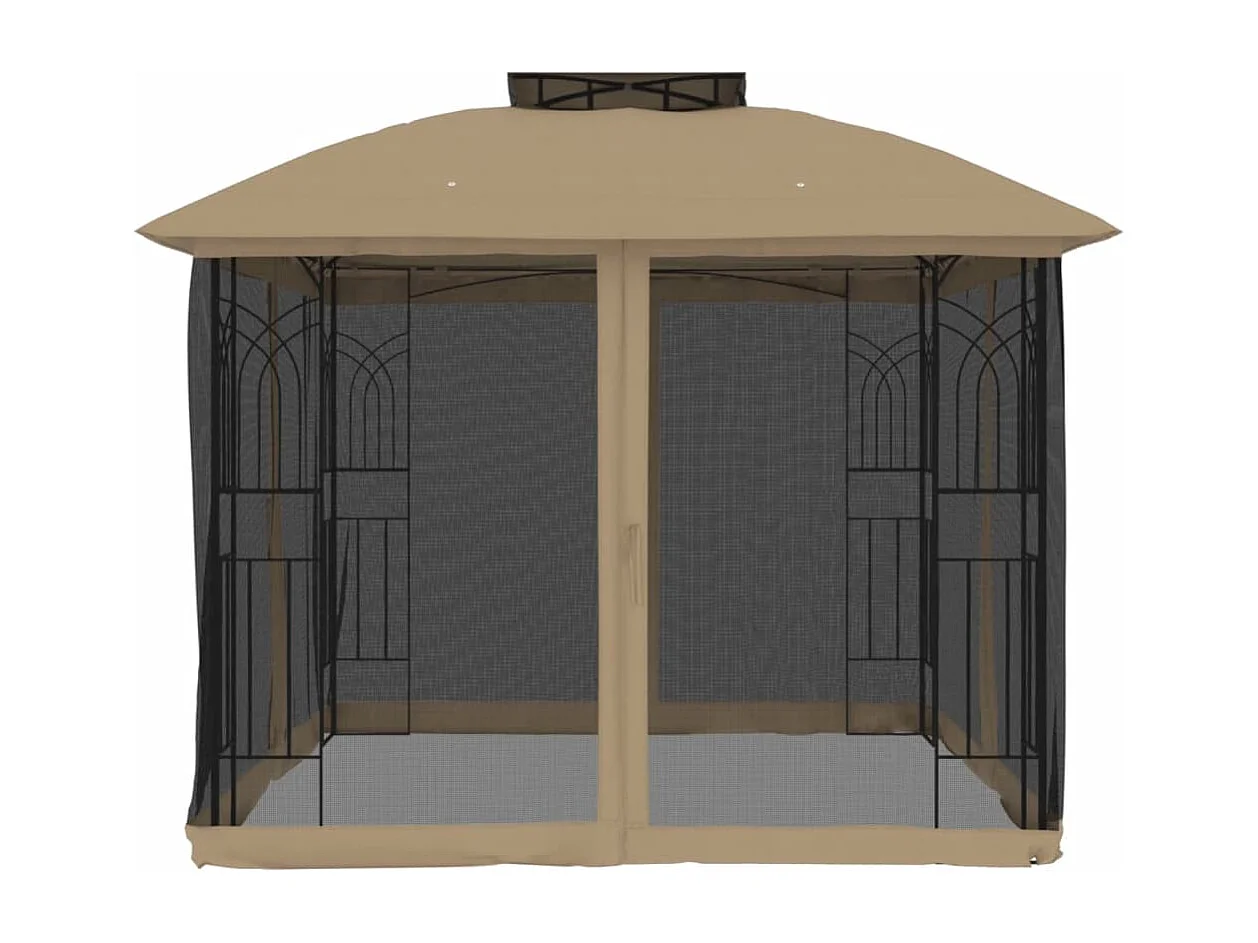 Tonnelle avec double toit et parois en filet taupe acier