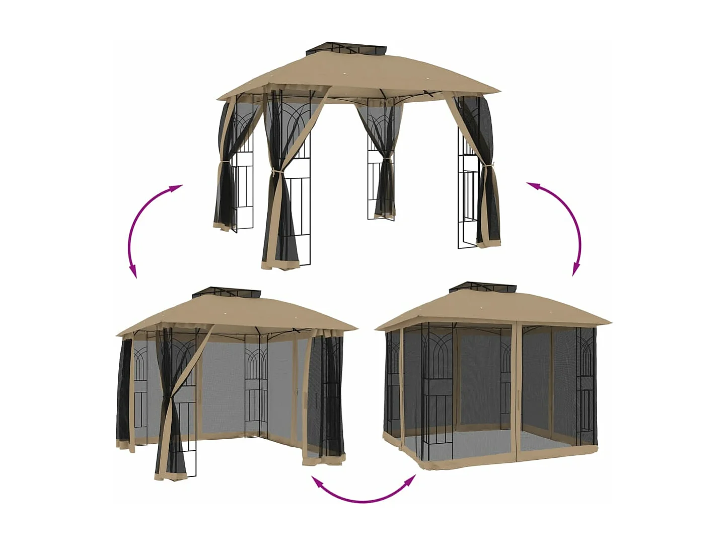 Tonnelle avec double toit et parois en filet taupe acier