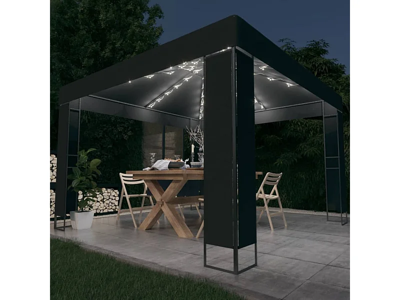 Gazebo con Tetto Doppio e Stringa di Luci LED 3x3 m Antracite