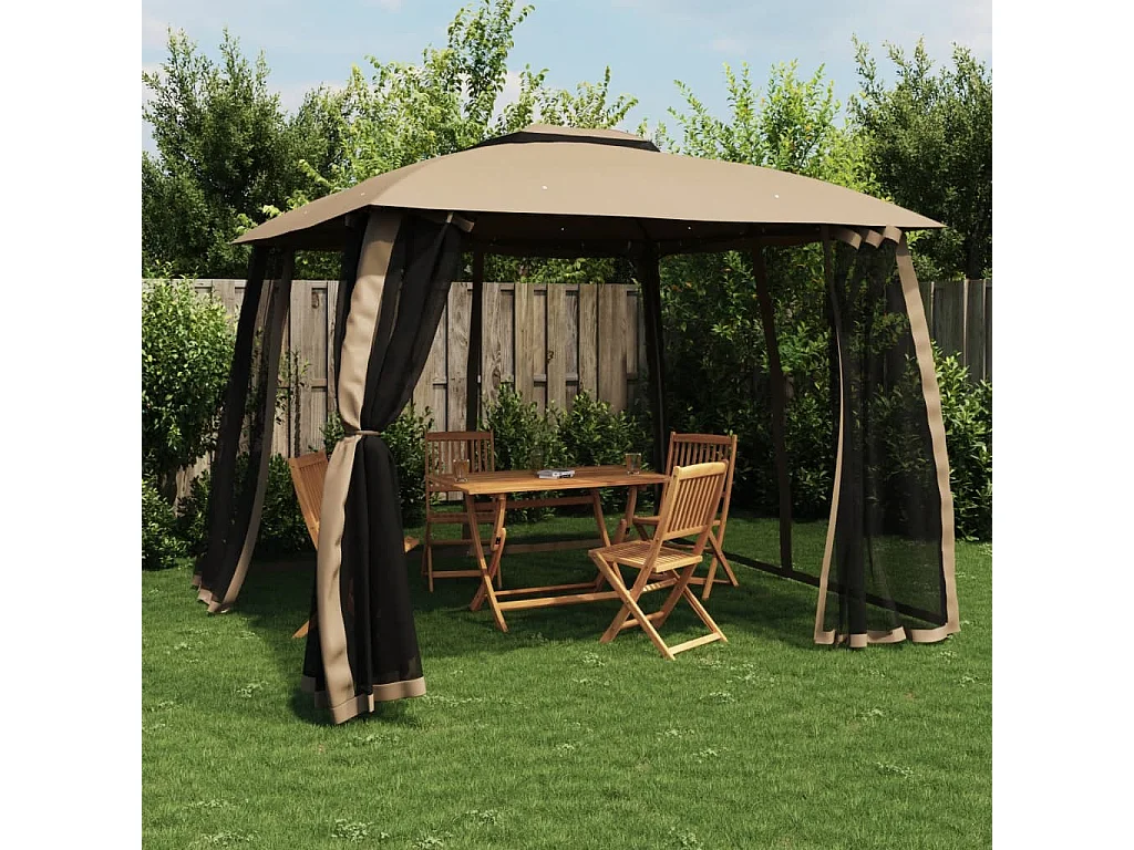 Pavillon mit Doppeldach & Netzwänden Taupe 2,93x2,93 m Stahl