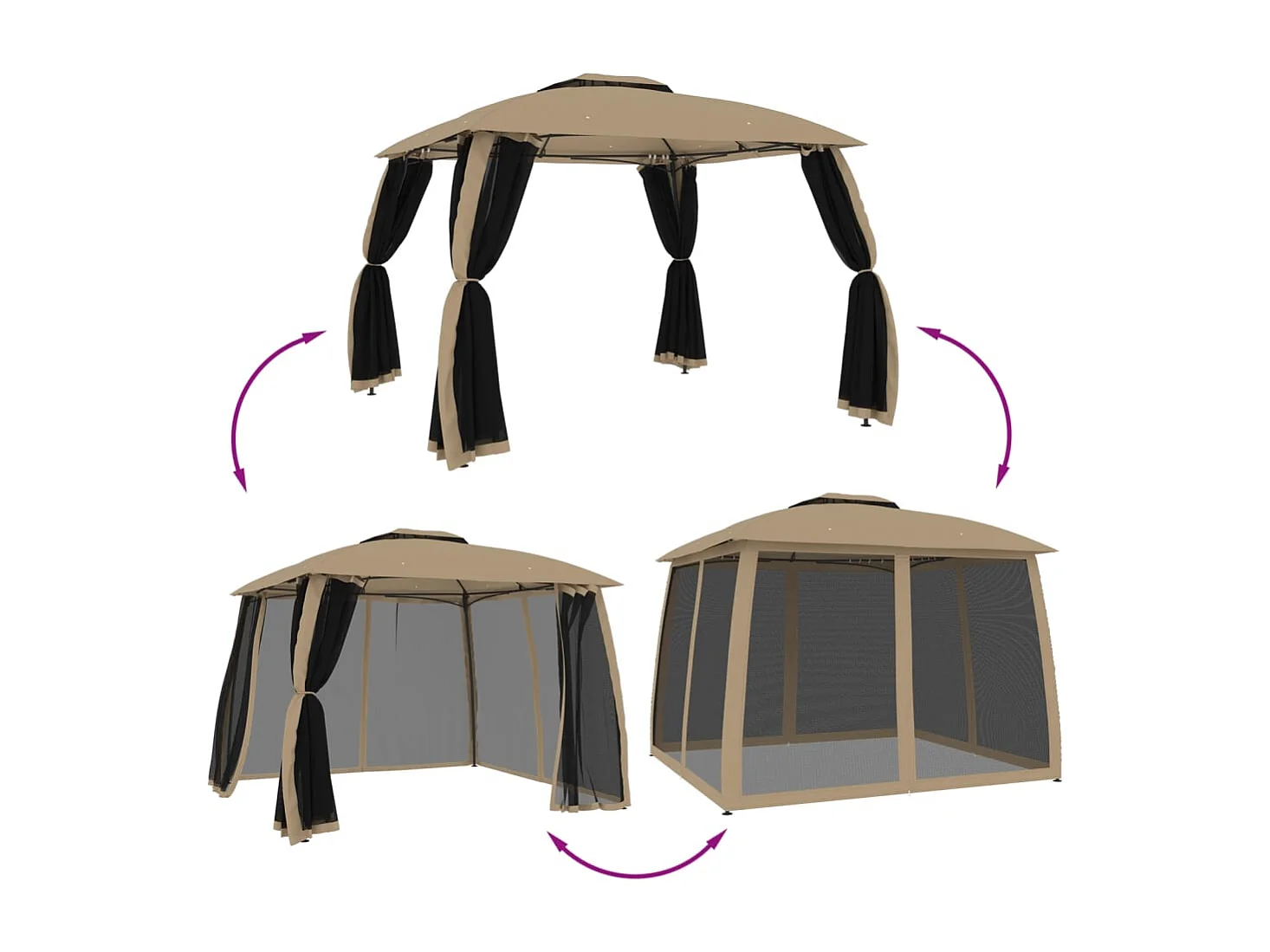 Pavillon mit Doppeldach & Netzwänden Taupe 2,93x2,93 m Stahl