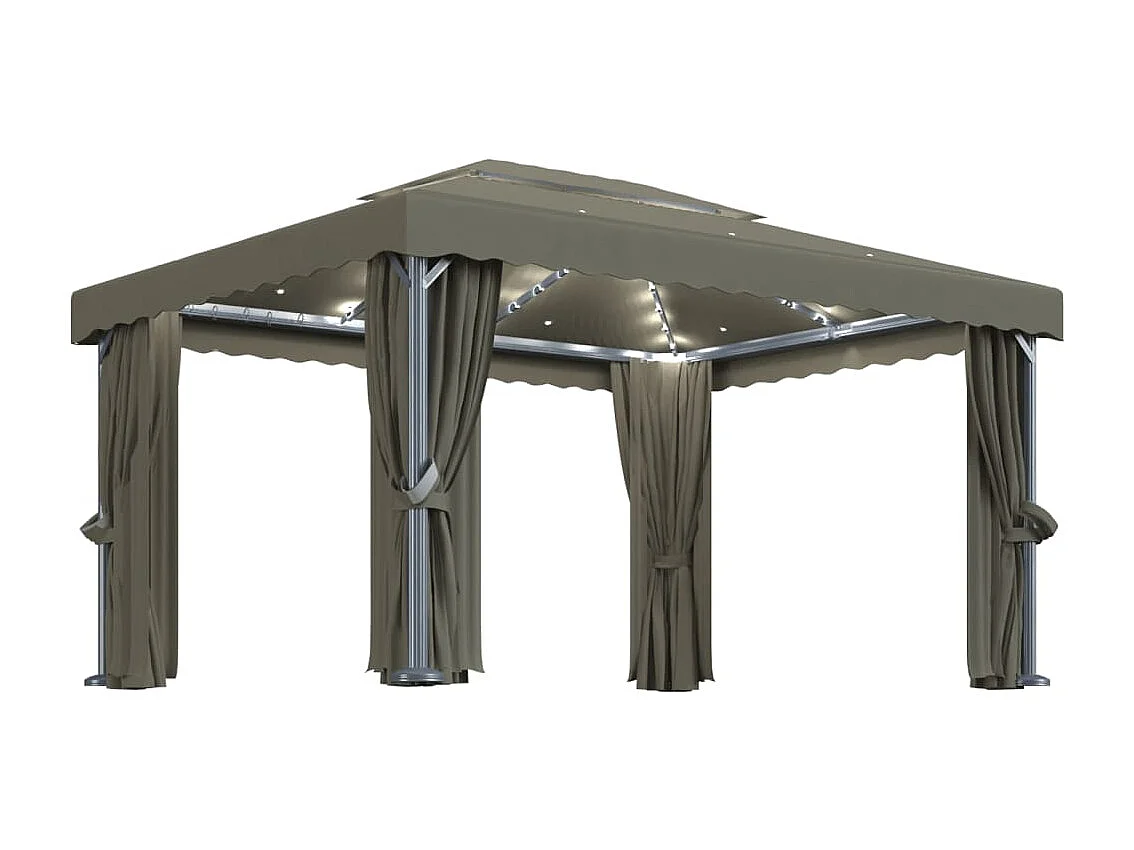 Pavillon mit Vorhängen & LED-Lichterkette 4x3 m Taupe