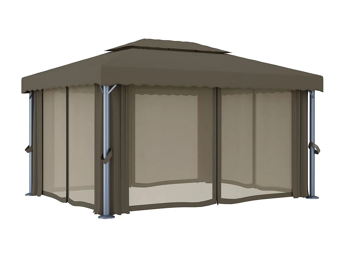 Pavillon mit Vorhängen & LED-Lichterkette 4x3 m Taupe