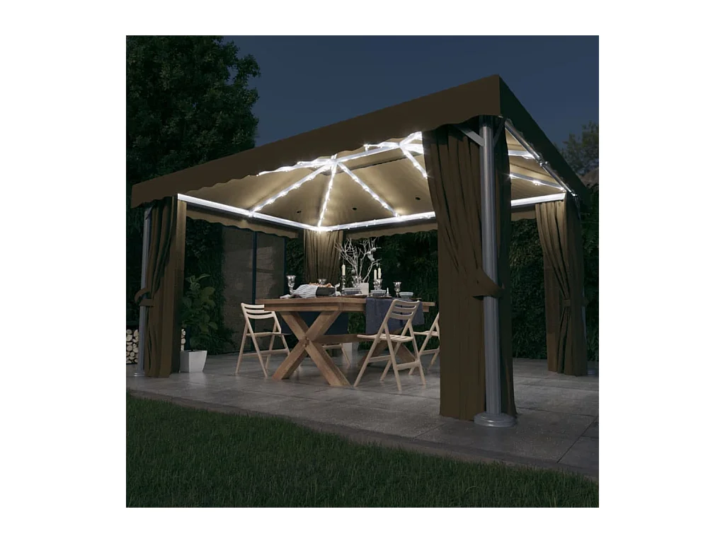 Tonnelle avec rideau et guirlande lumineuse à LED 4x3 m Taupe