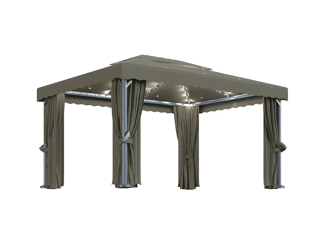 Tonnelle avec rideau et guirlande lumineuse à LED 4x3 m Taupe