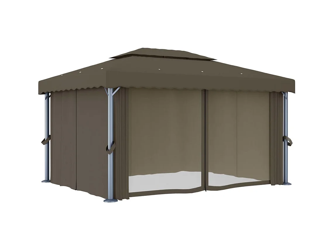 Tonnelle avec rideau et guirlande lumineuse à LED 4x3 m Taupe