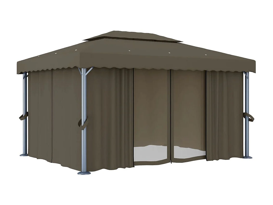 Gazebo con Tende e Stringa di Luci LED 4x3 m Grigio Talpa