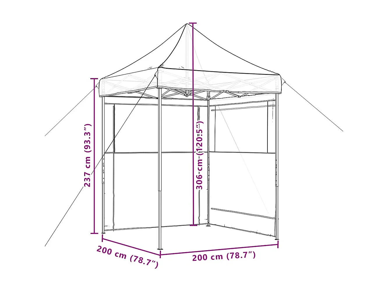 Tente de réception pliable escamotable avec 2 parois latérales