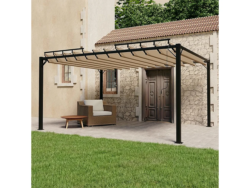 Gazebo con Tetto a Lamelle 3x4 m in Tessuto Tortora e Alluminio