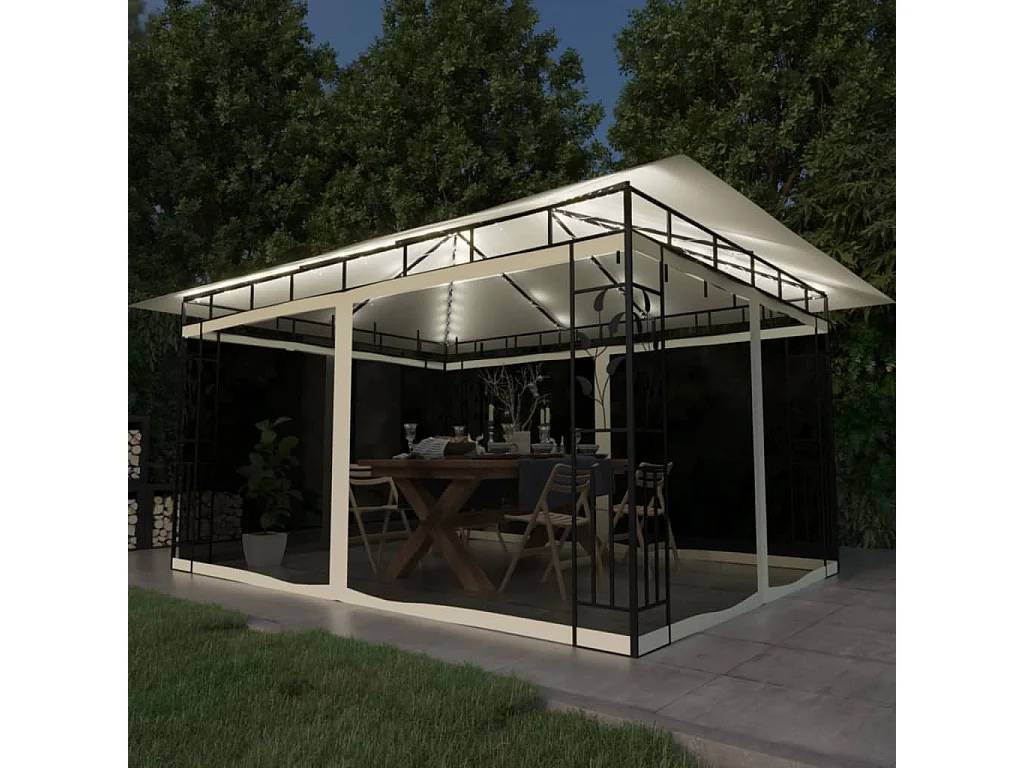 Cenador con mosquitera y tira luz LED crema 4x3x2,73m 180 g/m²