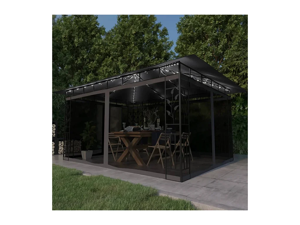 Pavillon mit Moskitonetz & LED-Lichterkette 4x3x2,73m Anthrazit