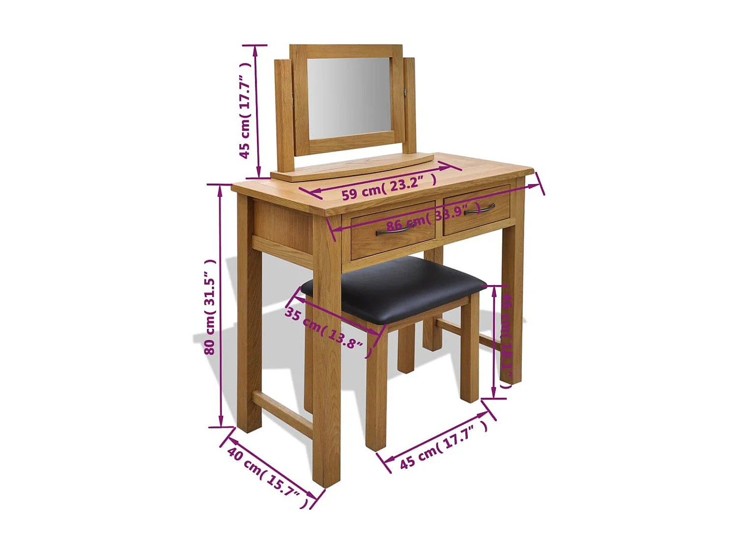 Toeletta con sgabello Legno massello di rovere