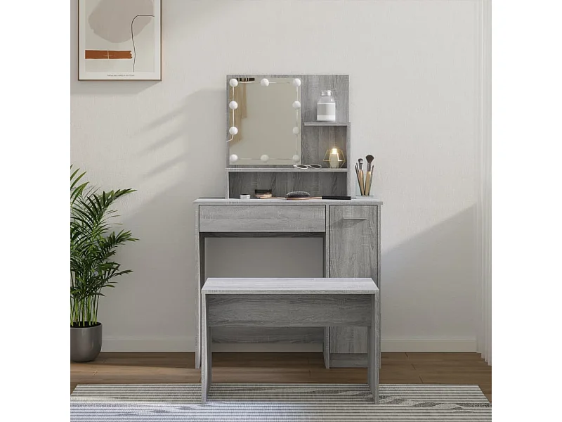 Juego de tocador con LED gris Sonoma de madera de ingeniería