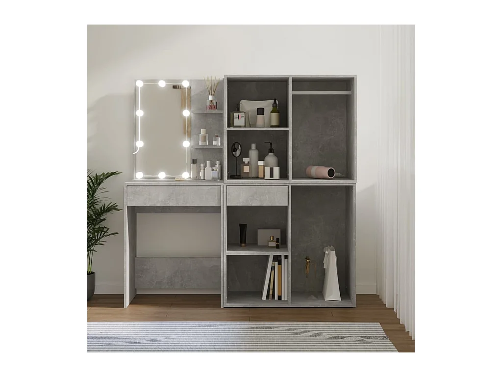 LED-kaptafel met 2 kasten Betongrijs Bewerkt hout