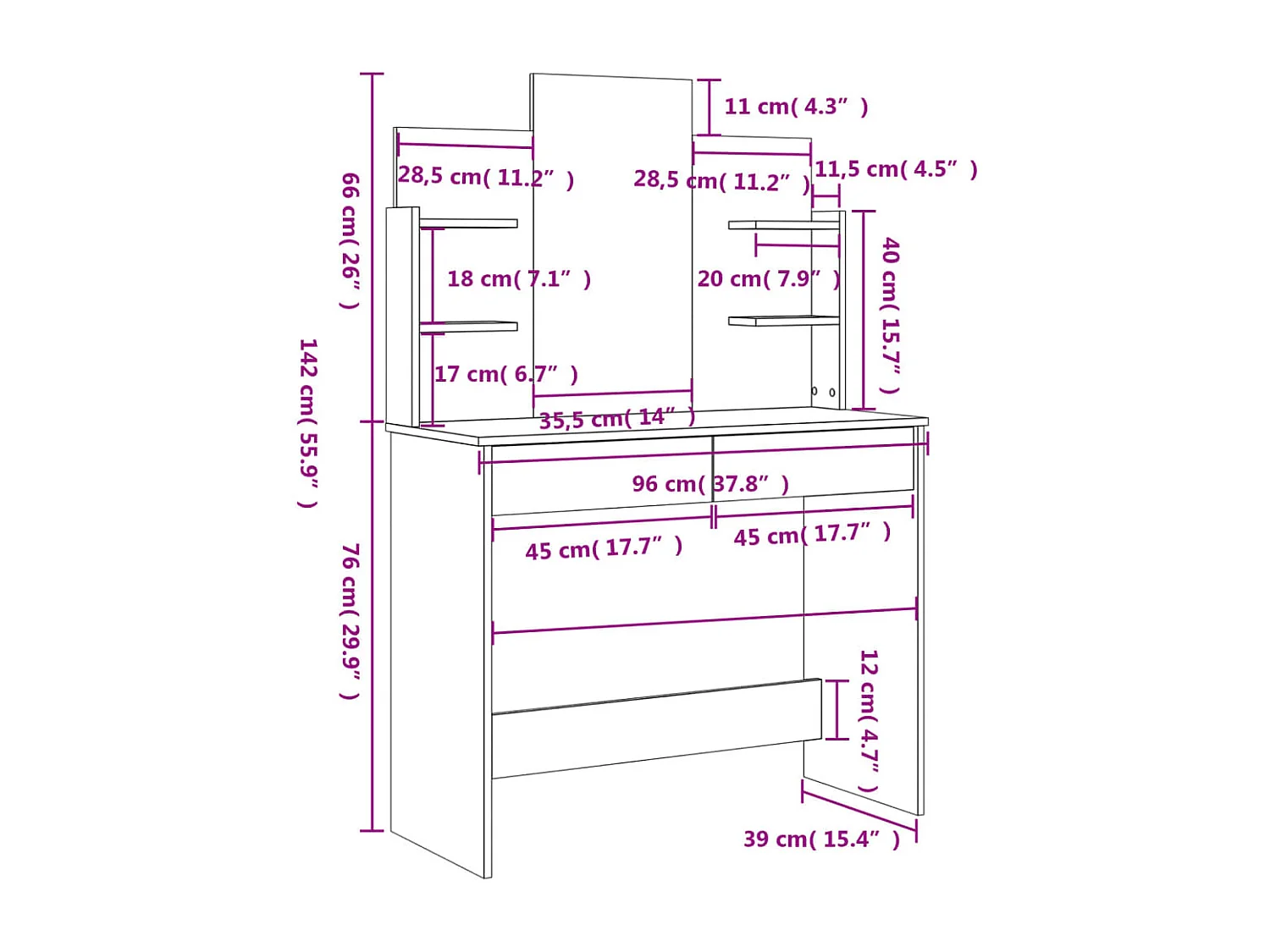 Schminktisch mit Spiegel Sonoma-Eiche 96x39x142 cm