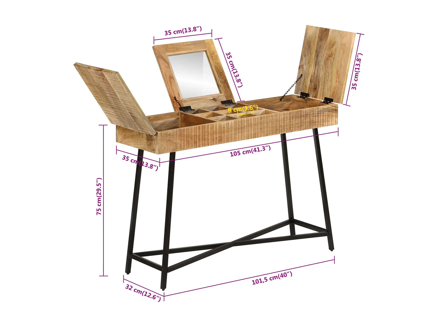 Toletta 105x35x75 cm in legno massello di mango grezzo e ferro