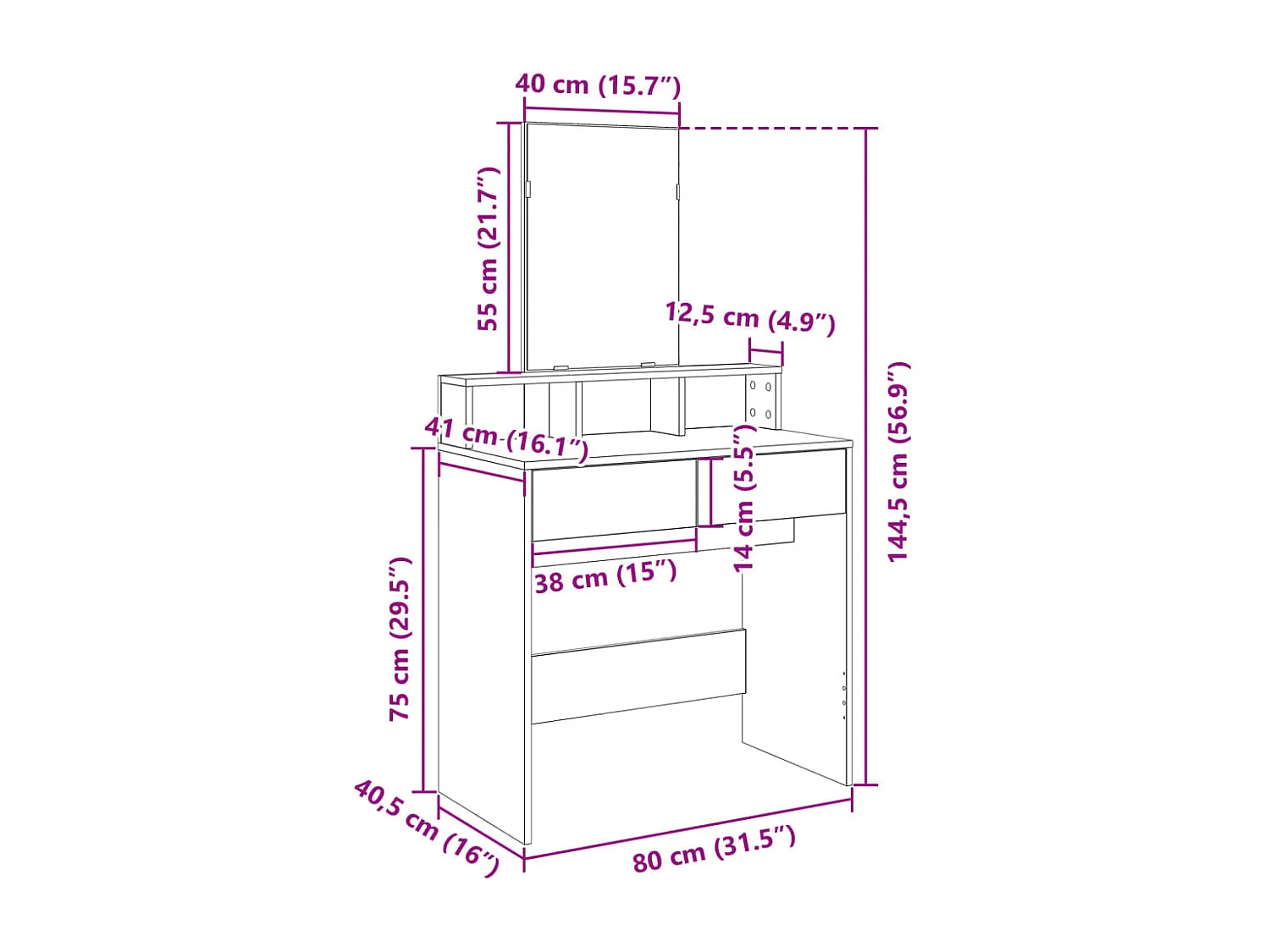 Toeletta con specchio Sonoma grigio 80x41x144,5 cm