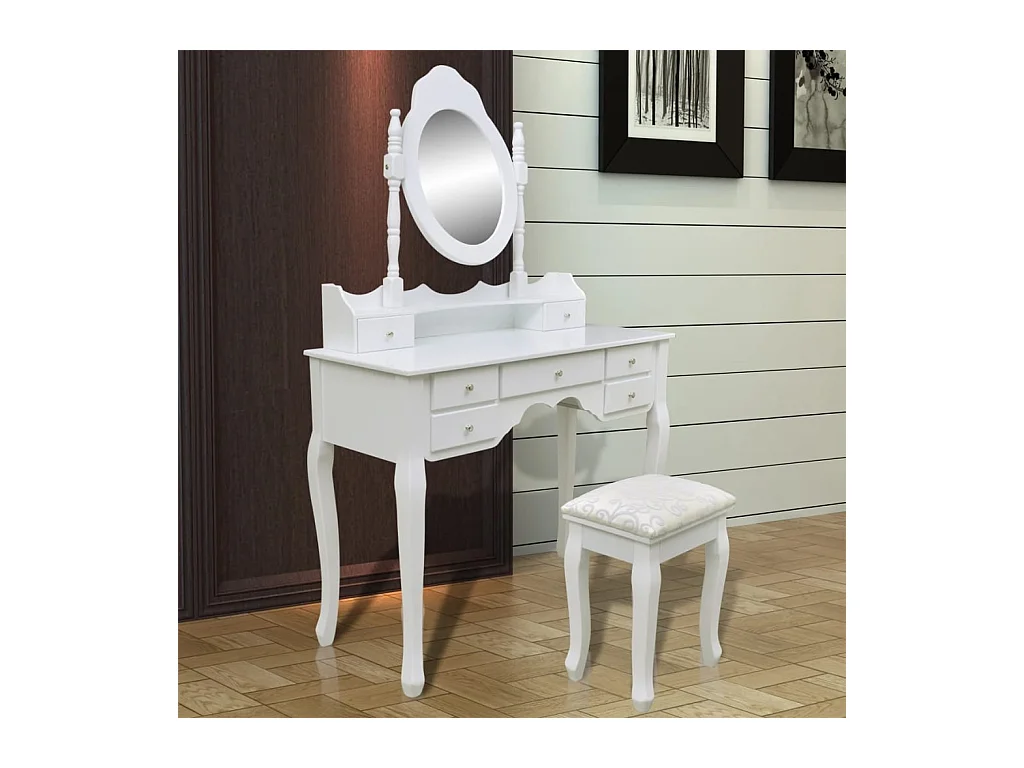 Coiffeuse avec miroir et tabouret 7 tiroirs Blanc