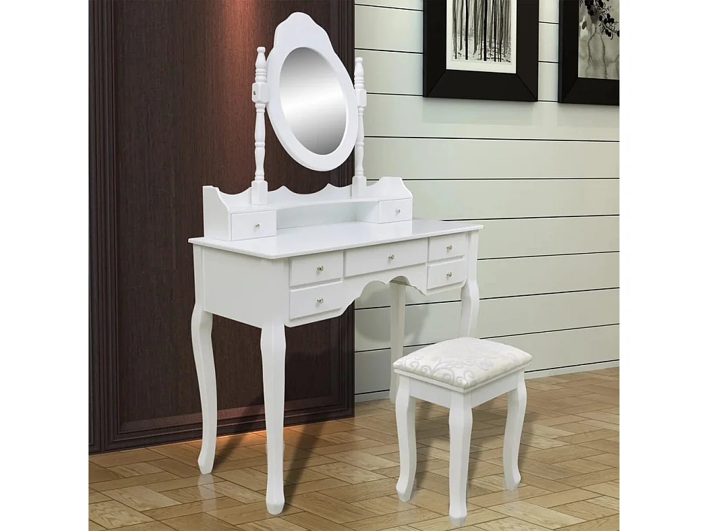 Coiffeuse avec miroir et tabouret 7 tiroirs Blanc