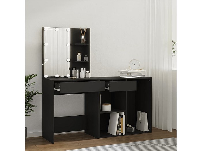 Coiffeuse à LED avec armoire noir bois d'ingénierie