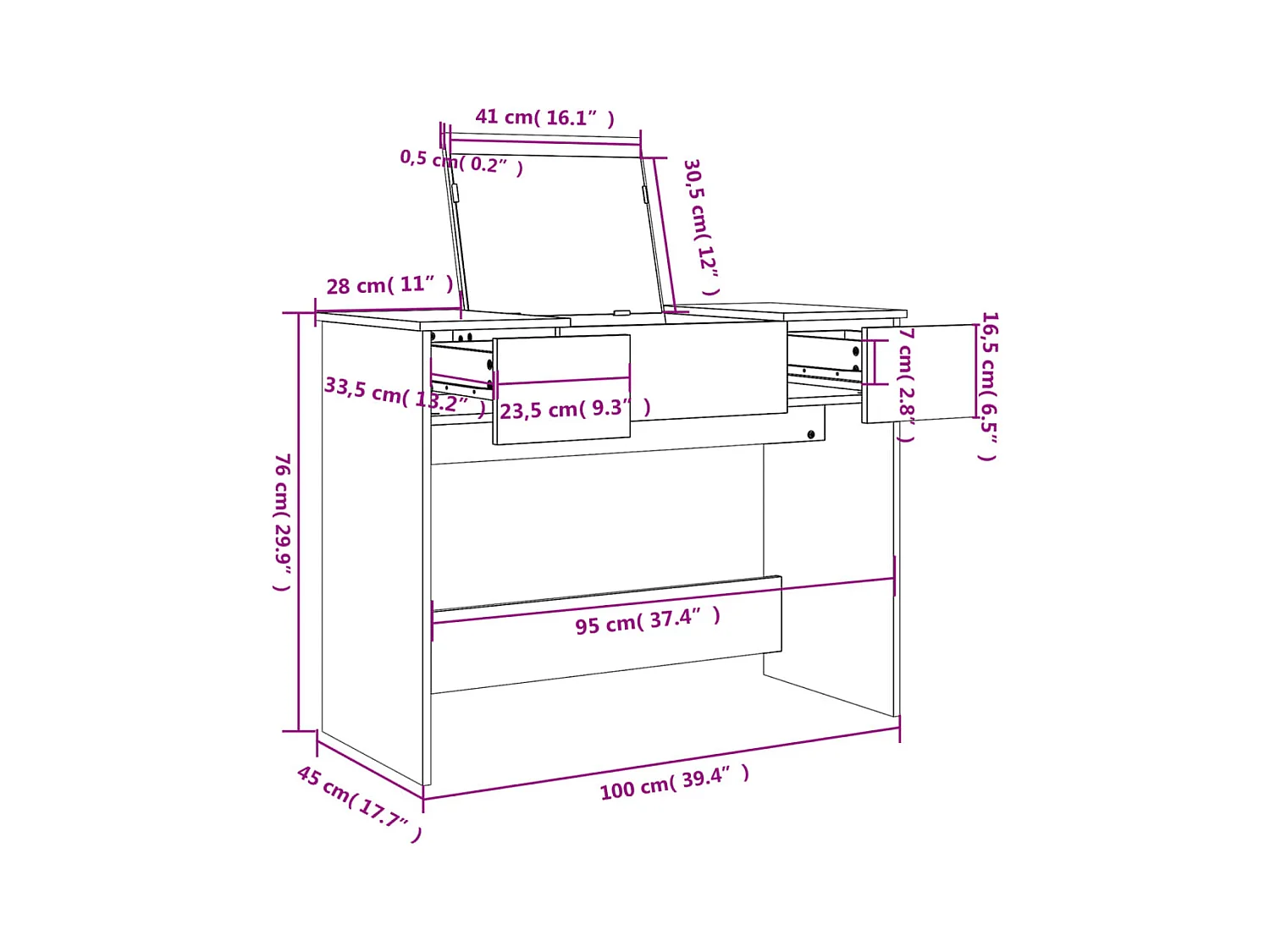 Coiffeuse avec miroir noir 100x45x76 cm