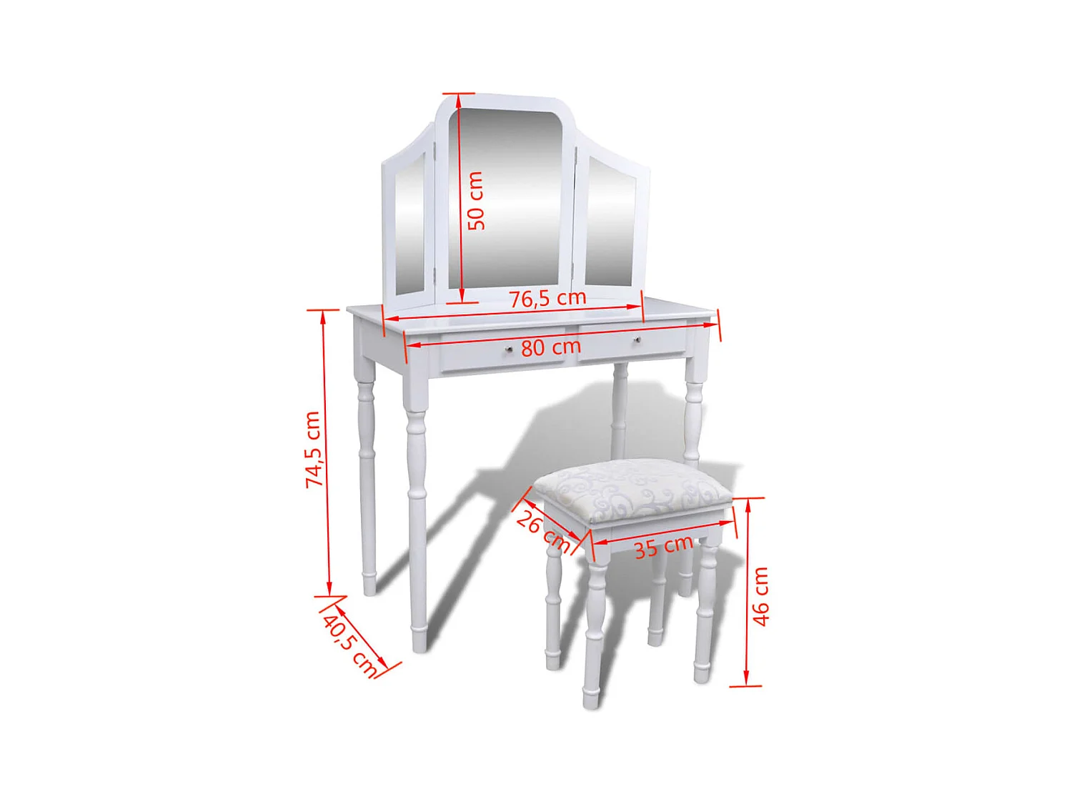 Coiffeuse avec miroir et tabouret 2 tiroirs Blanc