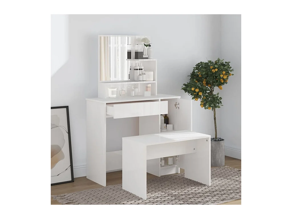 Coiffeuse avec miroir blanc brillant 86,5x35x136 cm