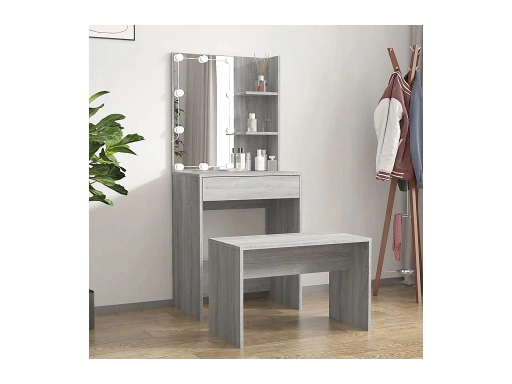 Sonoma Grey LED-Schminktisch-Set aus Holzwerkstoff