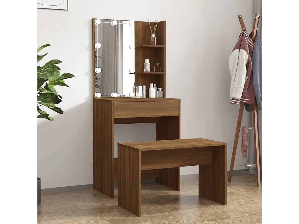 Set tavolo da toeletta con LED Legno ingegnerizzato di rovere marrone