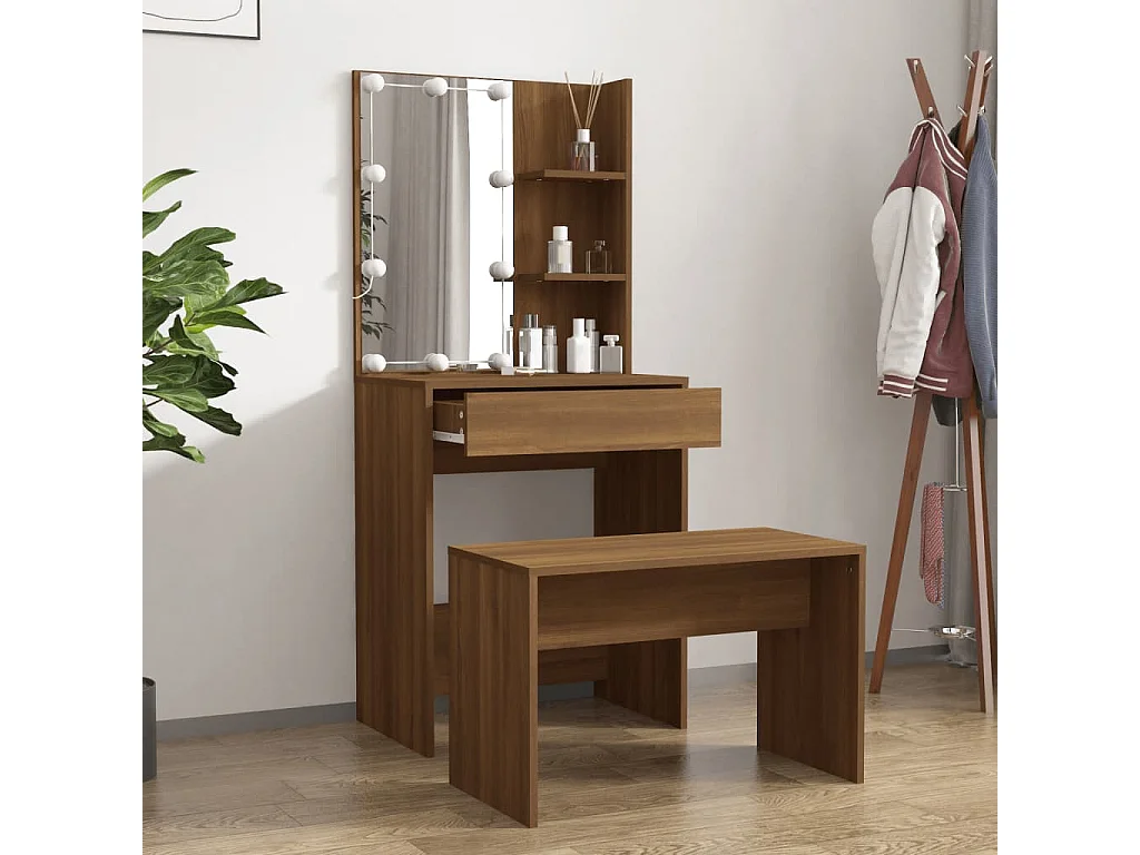 Set tavolo da toeletta con LED Legno ingegnerizzato di rovere marrone