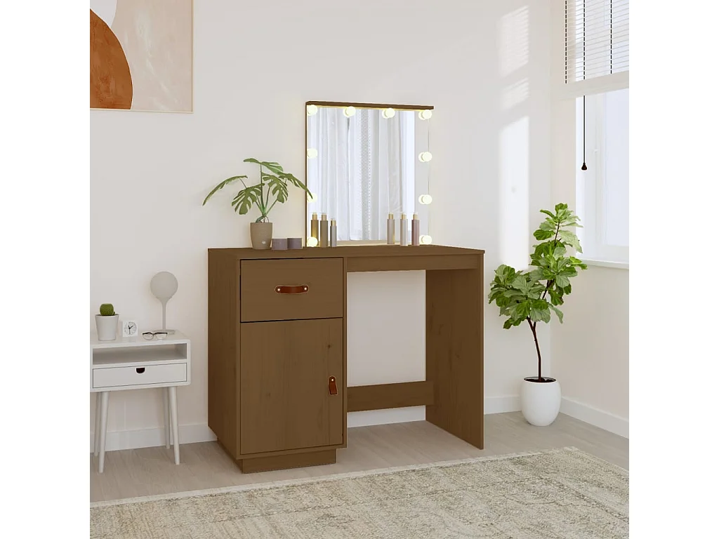 Coiffeuse avec LED Marron miel 95x50x133,5cm Bois de pin massif