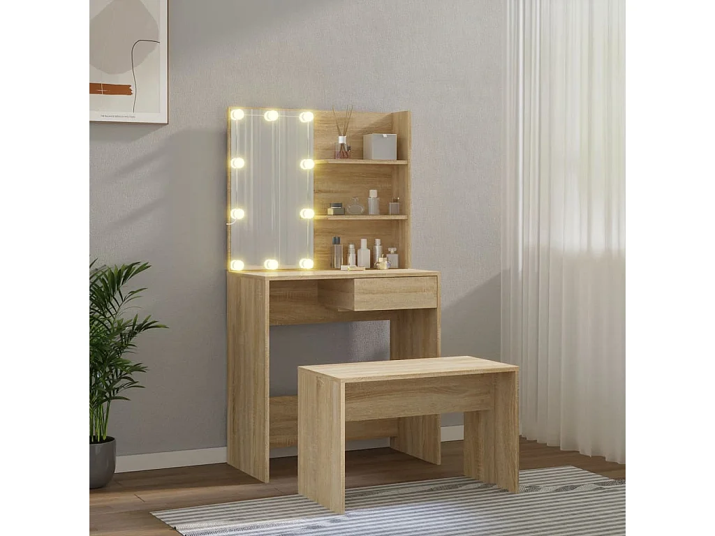 Waschtischset mit LED-Holzwerkstoff aus Sonoma-Eiche