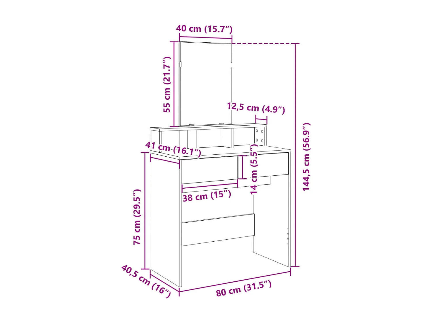 Coiffeuse avec miroir blanc 80x41x144,5 cm
