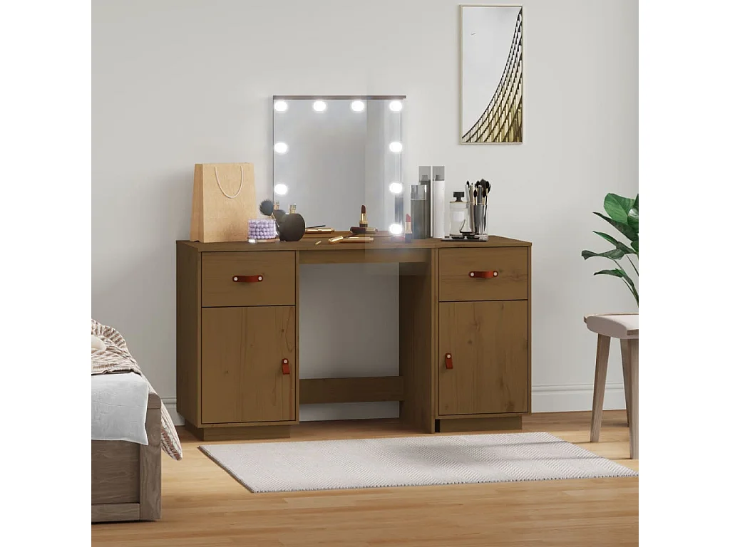 Set tavolo da toeletta con LED in legno massello di pino marrone miele