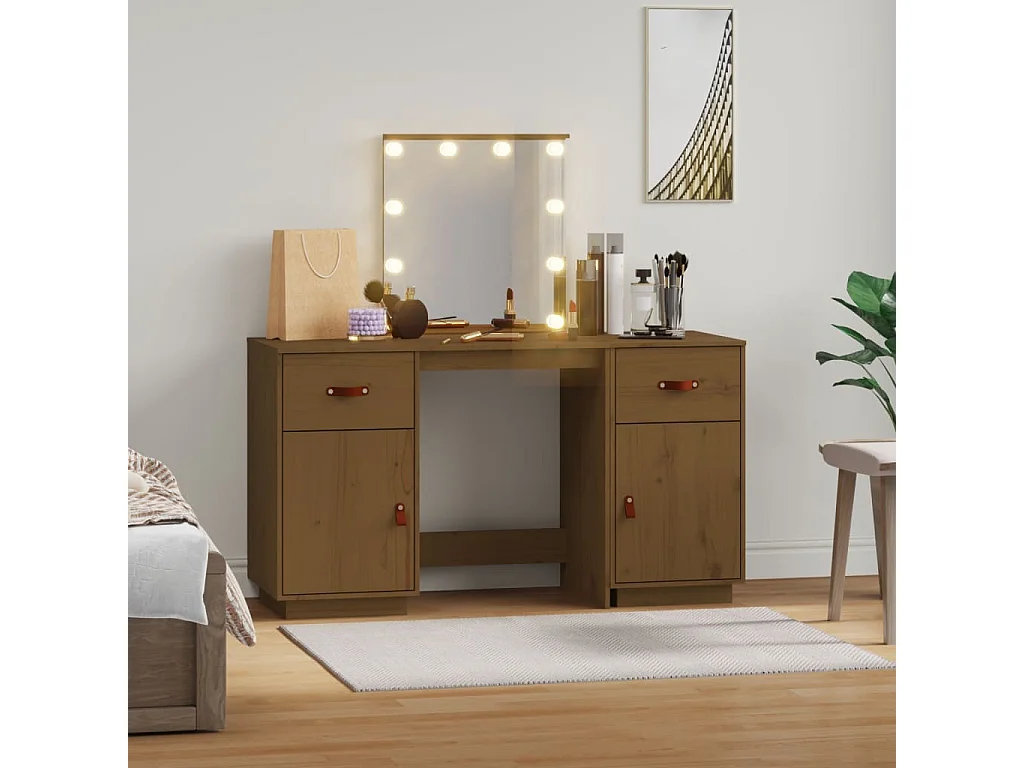 Set tavolo da toeletta con LED in legno massello di pino marrone miele