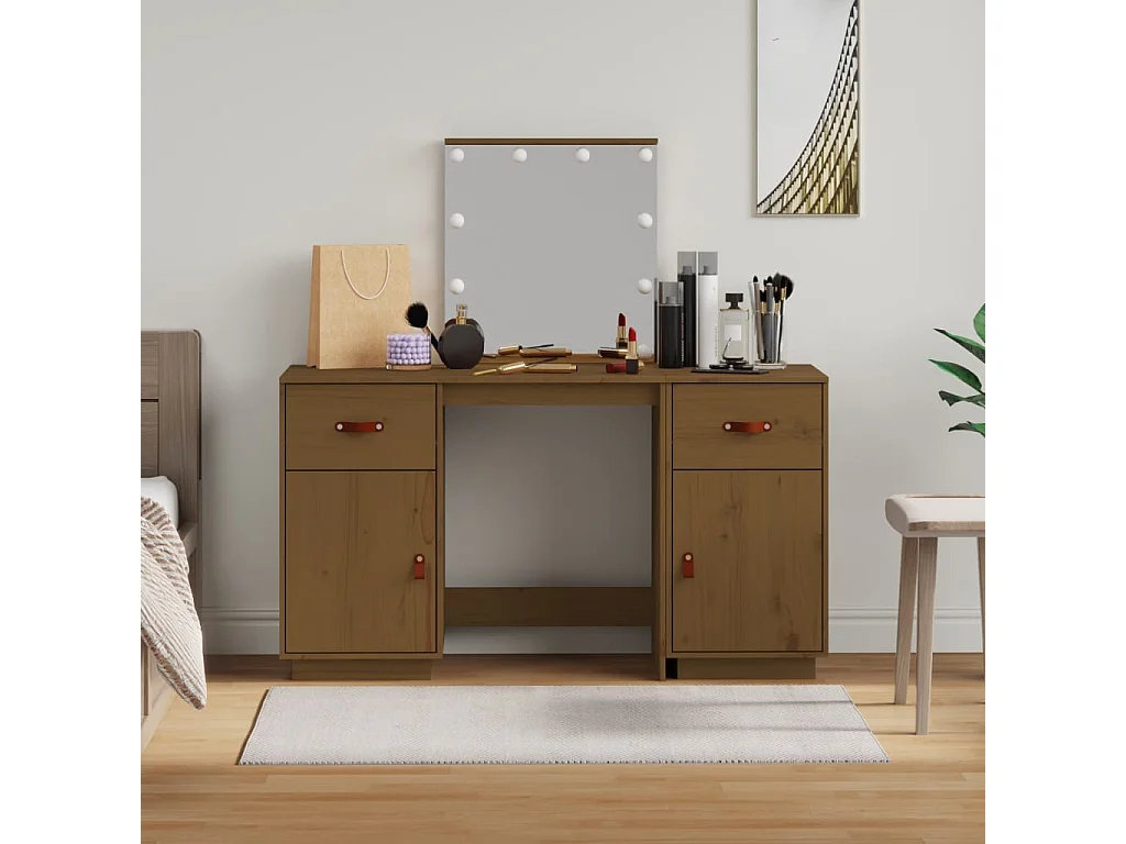 Set tavolo da toeletta con LED in legno massello di pino marrone miele