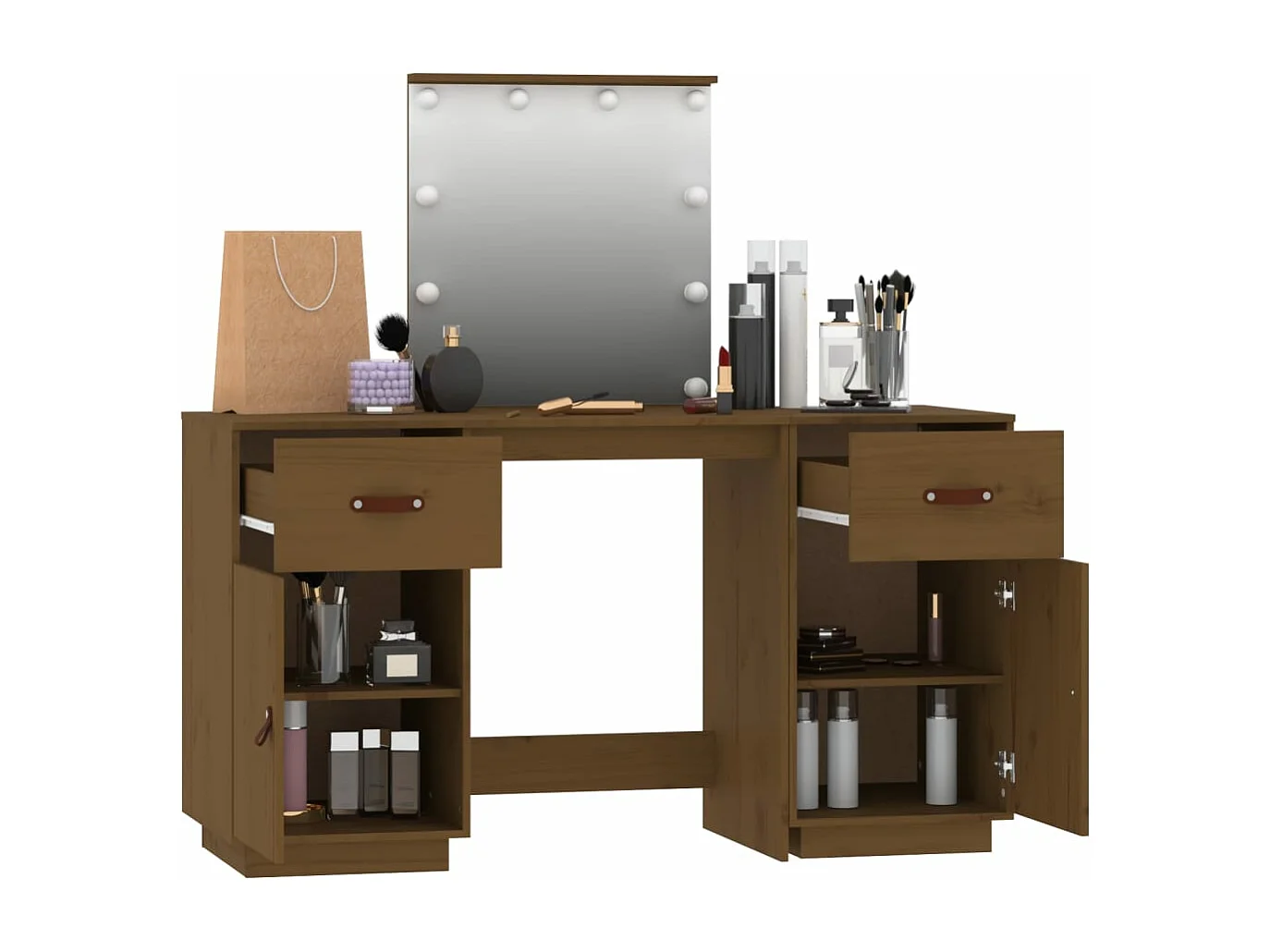 Set tavolo da toeletta con LED in legno massello di pino marrone miele