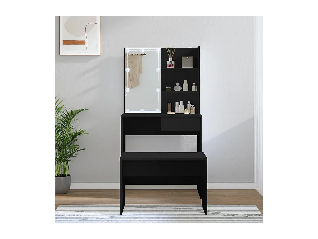 Ensemble de coiffeuse avec LED Noir Bois d'ingénierie