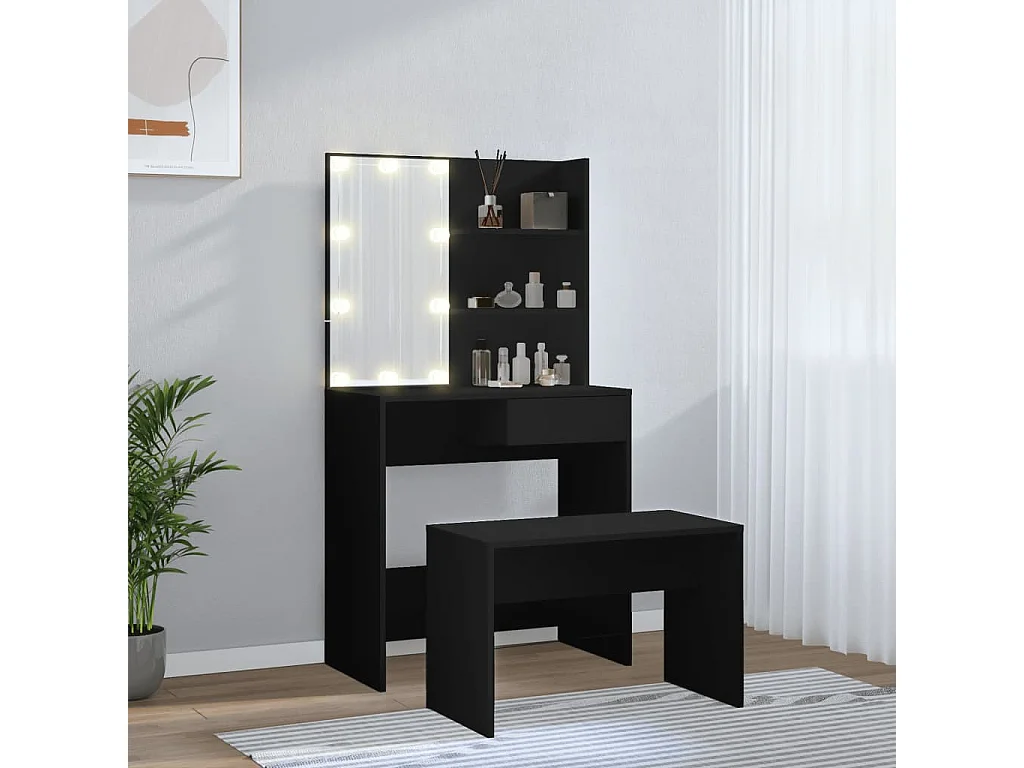 Ensemble de coiffeuse avec LED Noir Bois d'ingénierie