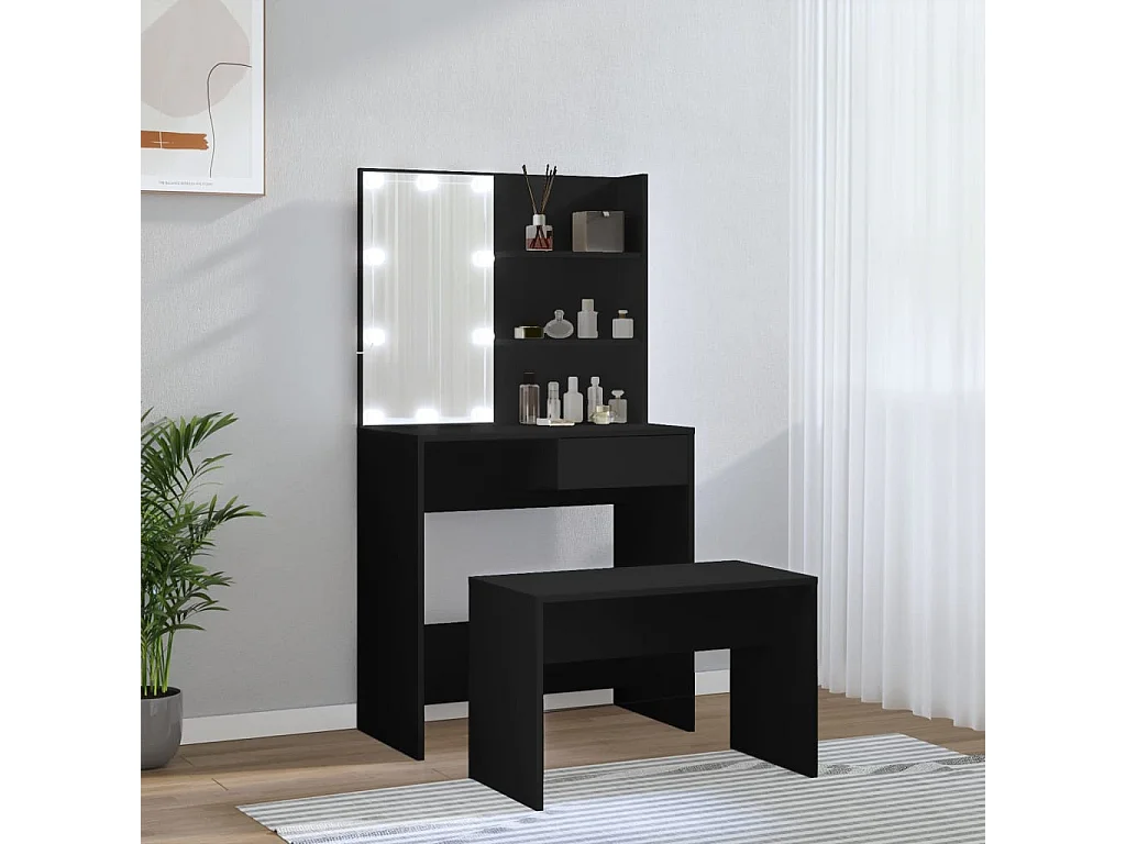 Ensemble de coiffeuse avec LED Noir Bois d'ingénierie
