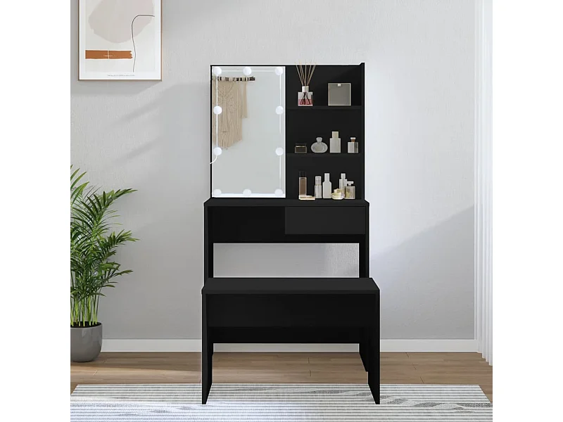 Ensemble de coiffeuse avec LED Noir Bois d'ingénierie