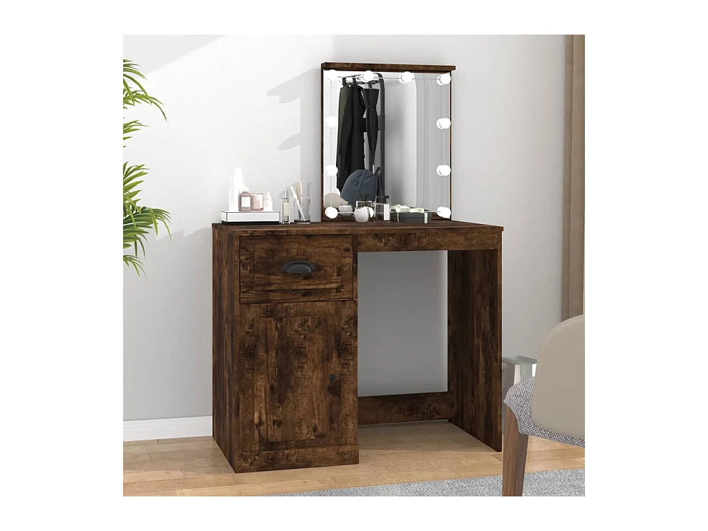 Tocador con LED roble ahumado 90x50x132,5 cm madera contrachapada
