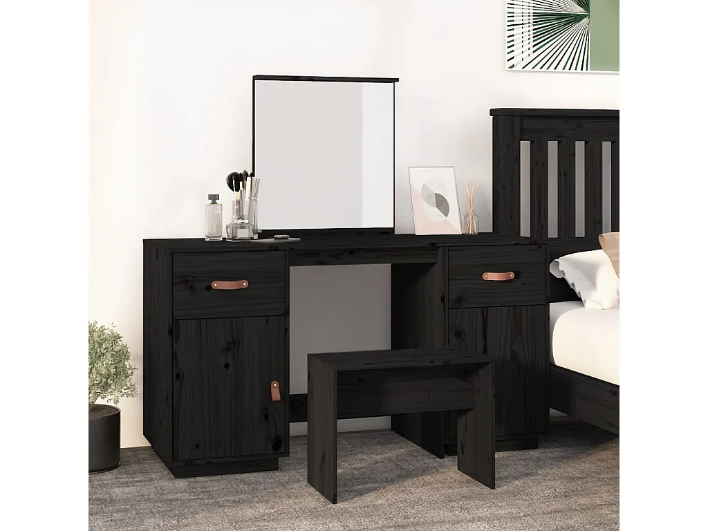 Conjunto de penteadeira com espelho preto em madeira maciça de pinho