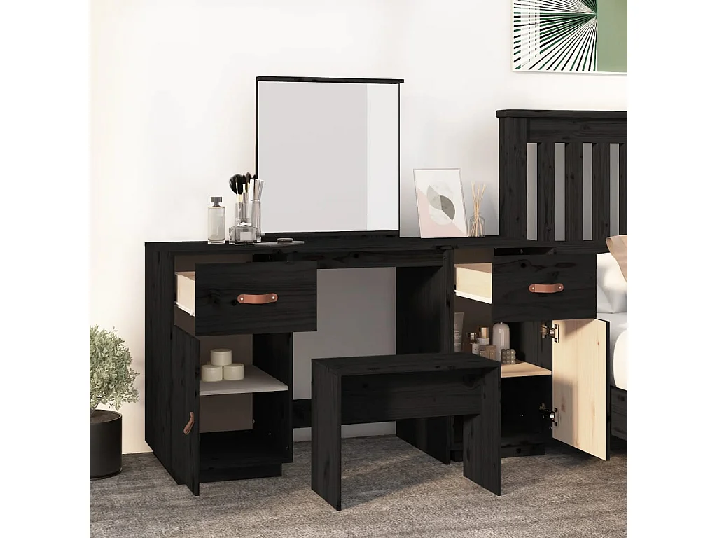 Conjunto de penteadeira com espelho preto em madeira maciça de pinho