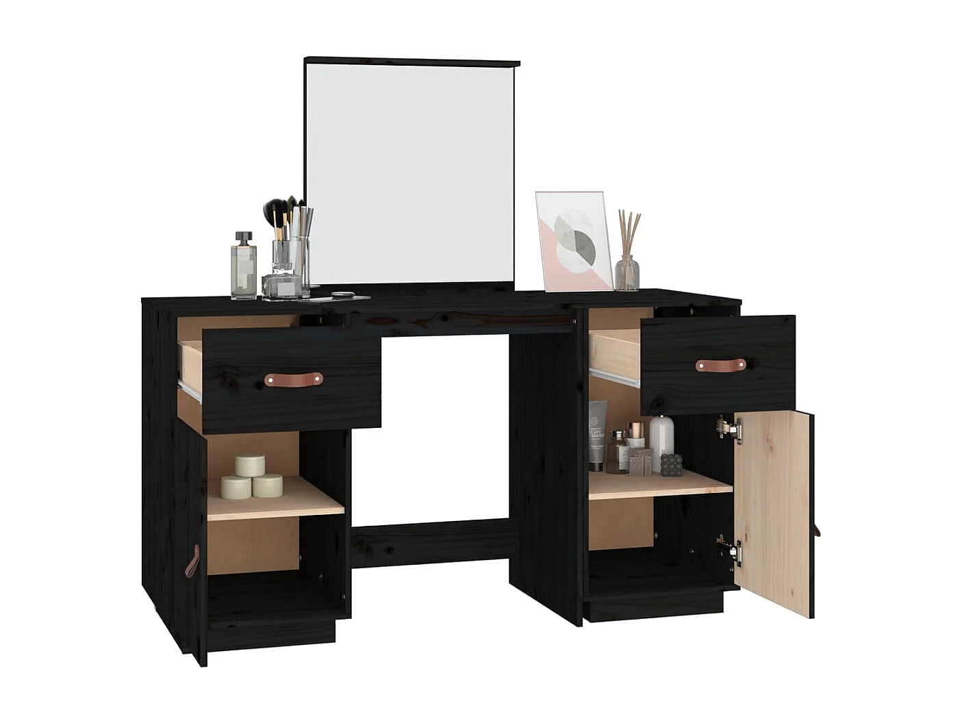Conjunto de penteadeira com espelho preto em madeira maciça de pinho