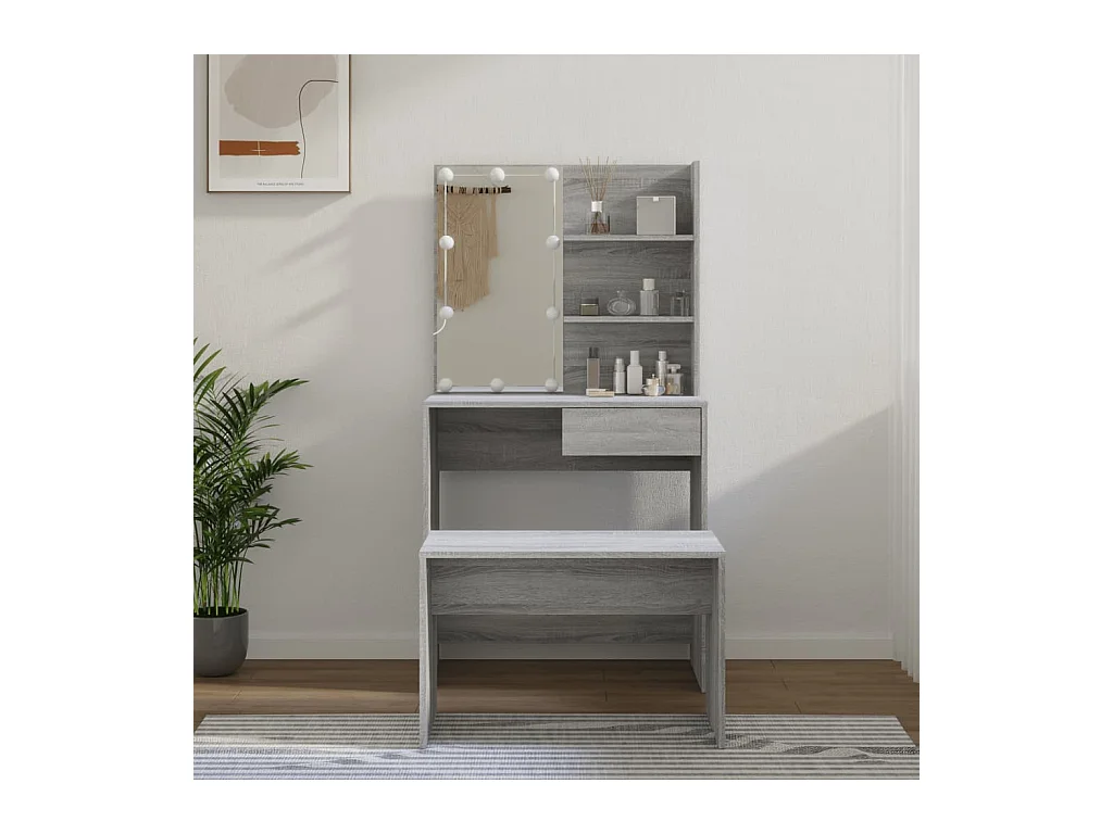 Sonoma Grey LED-Schminktisch-Set aus Holzwerkstoff
