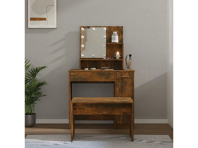 Ensemble de coiffeuse avec LED Chêne fumé Bois d'ingénierie