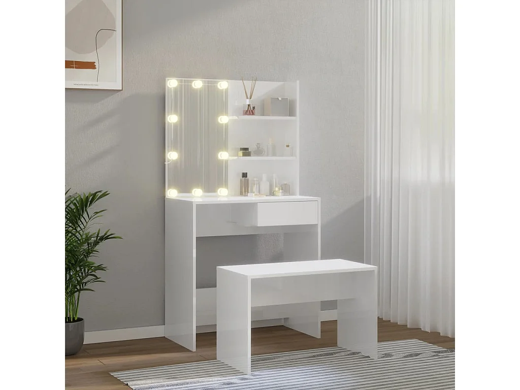 Ensemble de coiffeuse avec LED Blanc brillant Bois d'ingénierie