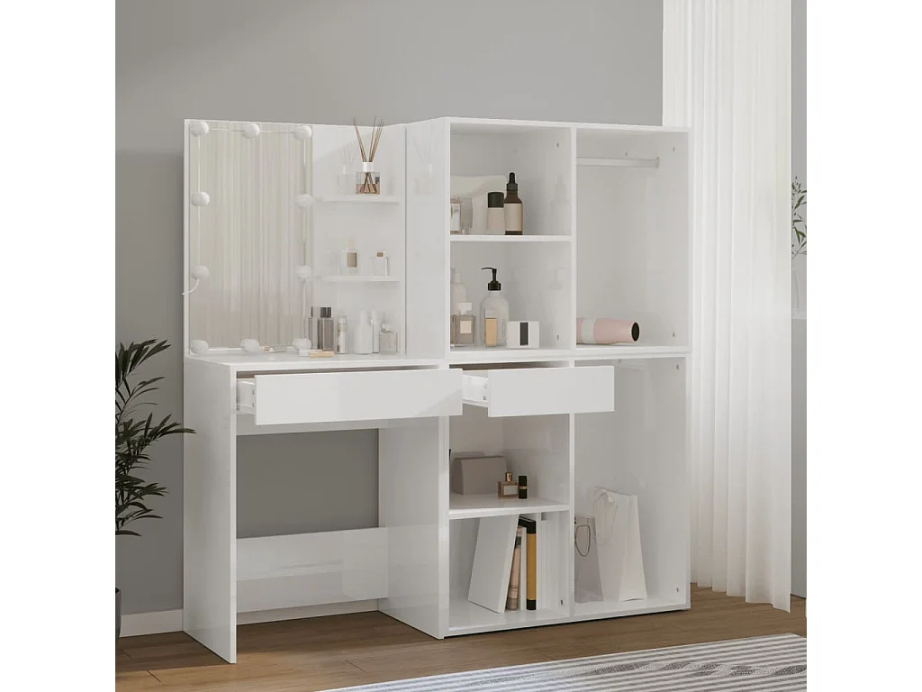 Tocador LED y 2 armarios Blanco brillo Madera contrachapada